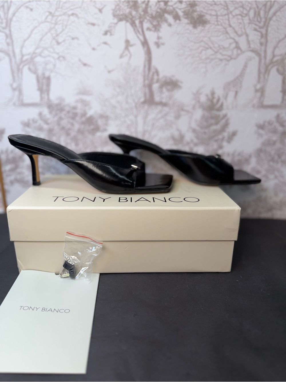 Tony Bianco Asar Sandal in Black Hi Shine leather square toe slip-on